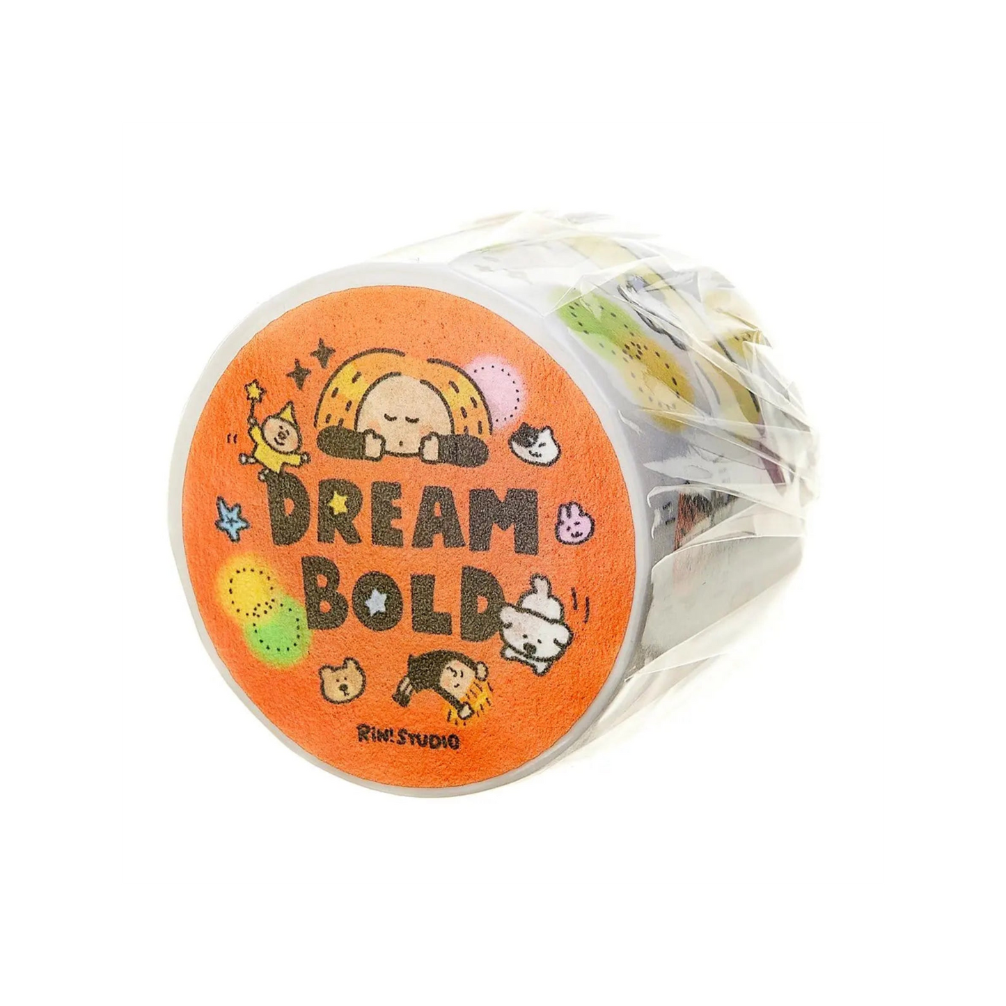 Roll of stickers with 'Dream Bold' text and cartoon designs on an orange background
