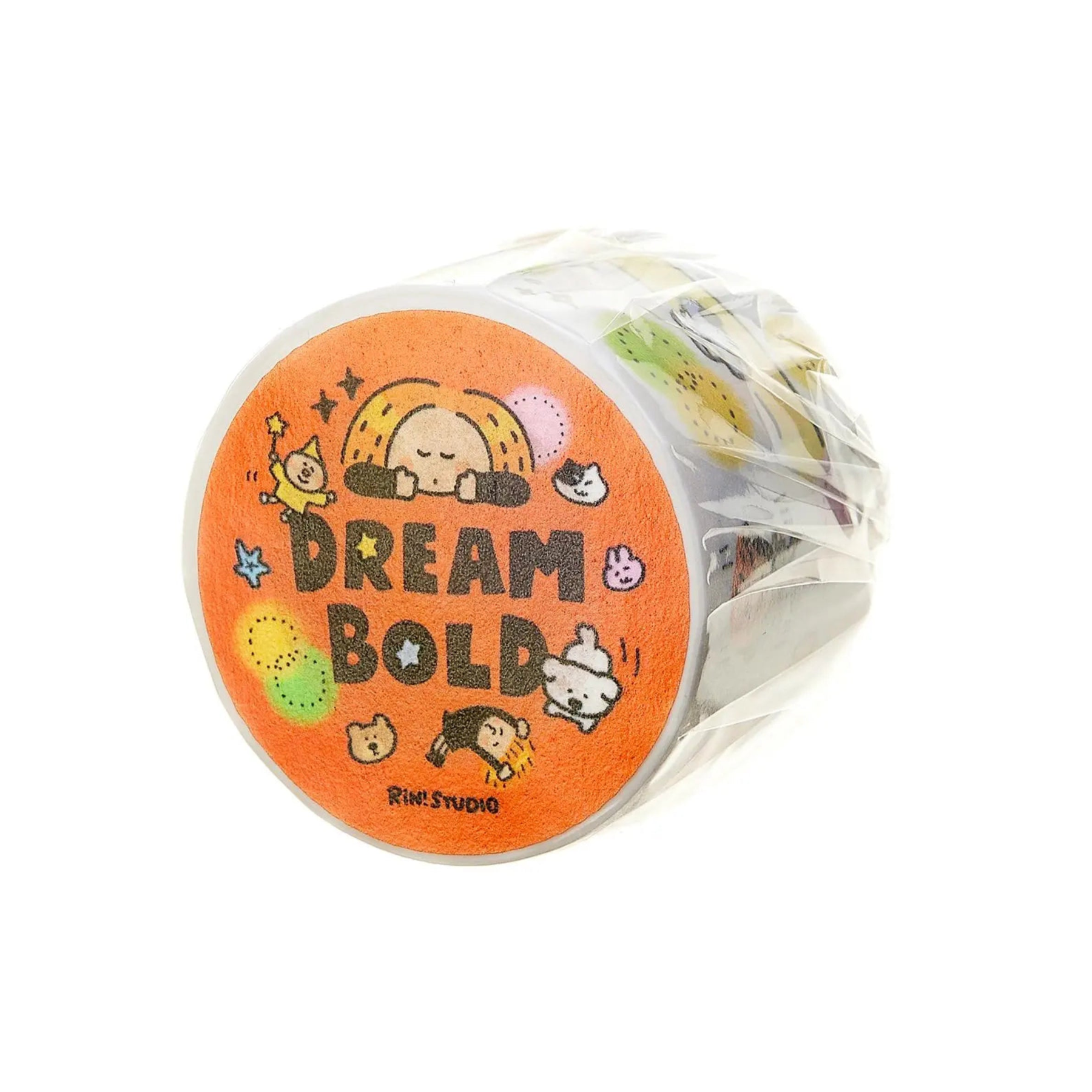 Roll of stickers with 'Dream Bold' text and cartoon designs on an orange background