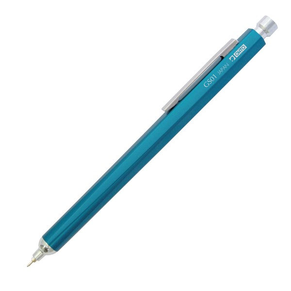 Blue mechanical pen with silver accents on a white background