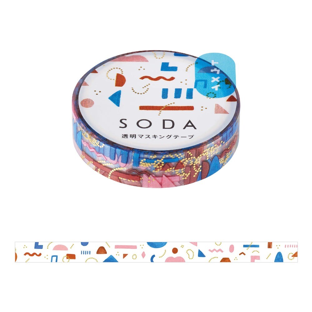 Decorative tape with colorful geometric pattern and 'SODA' branding on a white background