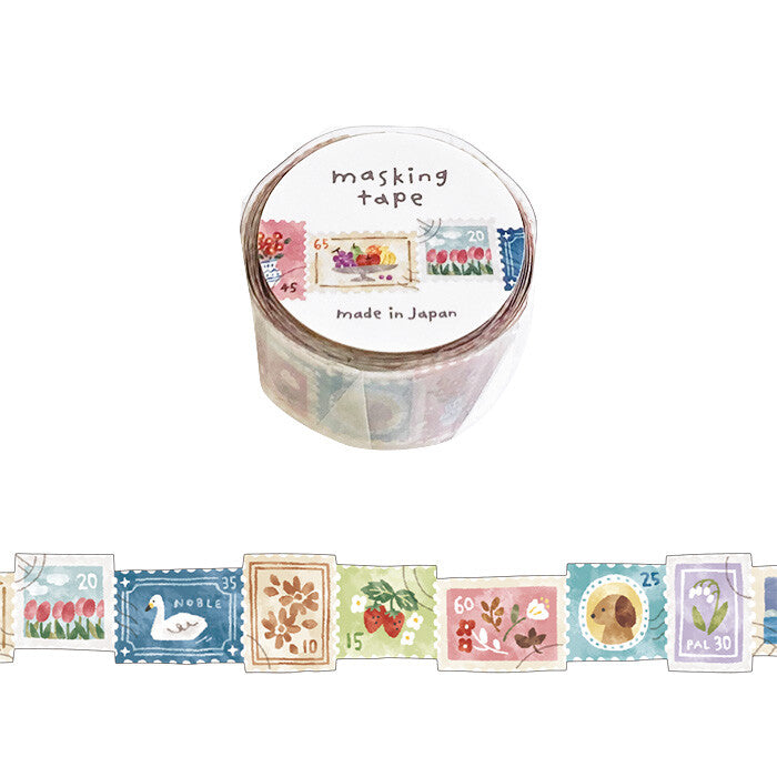 Roll of decorative masking tape with postage stamp designs on a white background