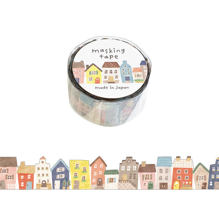 Masking tape with colorful house design on a white background
