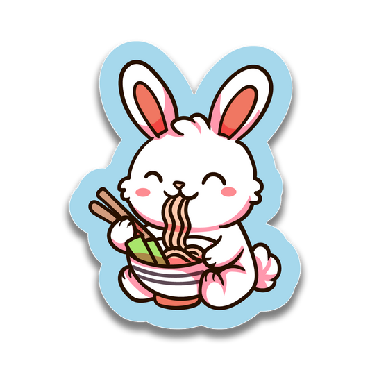 Sticker of a cartoon rabbit eating ramen with chopsticks on a light blue background