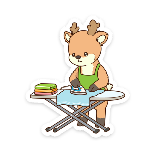 Cartoon deer character ironing clothes on a white background