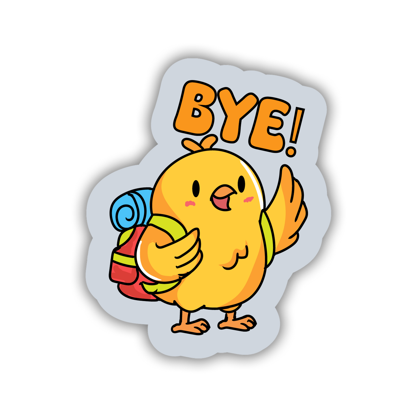 Cartoon character with a backpack and 'BYE!' text on a white background