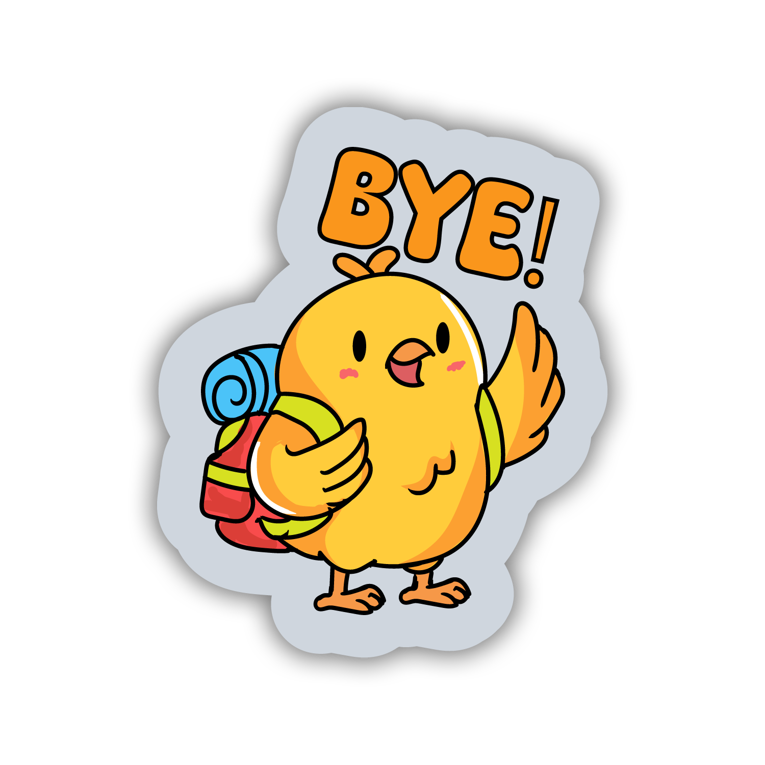 Cartoon character with a backpack and 'BYE!' text on a white background