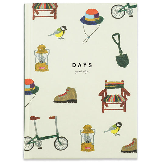 Notebook cover with illustrations of a bicycle, chair, lantern, boots, and other items on a beige background.