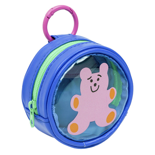 Blue and green toy pouch with a pink bear character on a white background