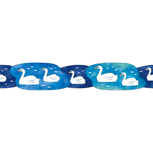 Decorative paper chain with swan design on a blue and white background