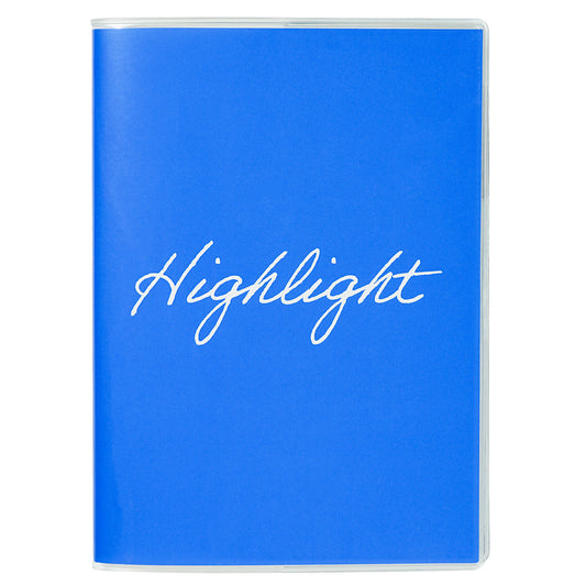 Blue notebook with 'Highlight' written on it against a white background