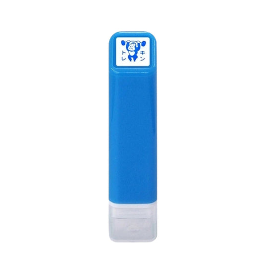 Blue and white stamp with a cartoon character on a white background