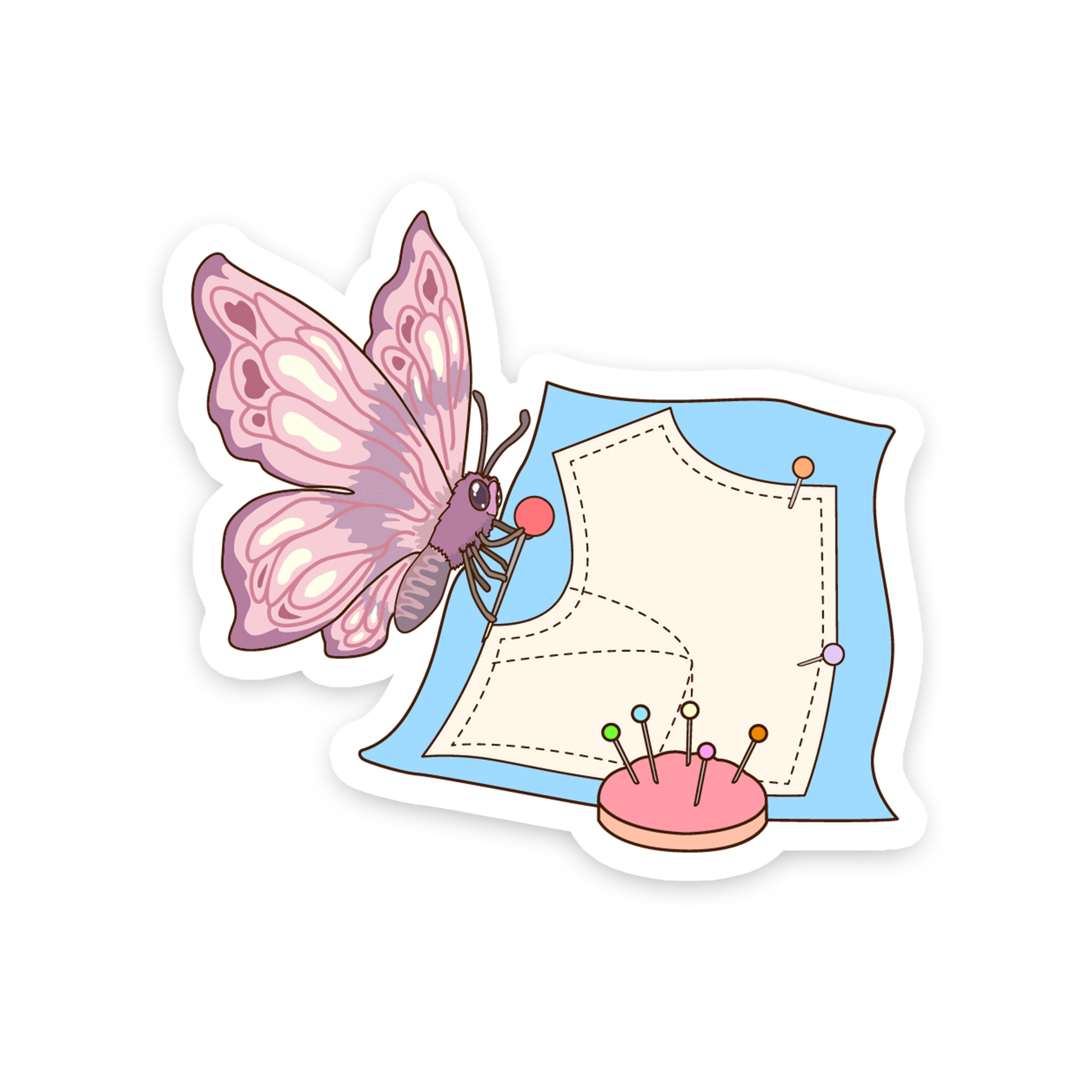 Sticker with a pink butterfly, sewing pattern, and pins on a white background