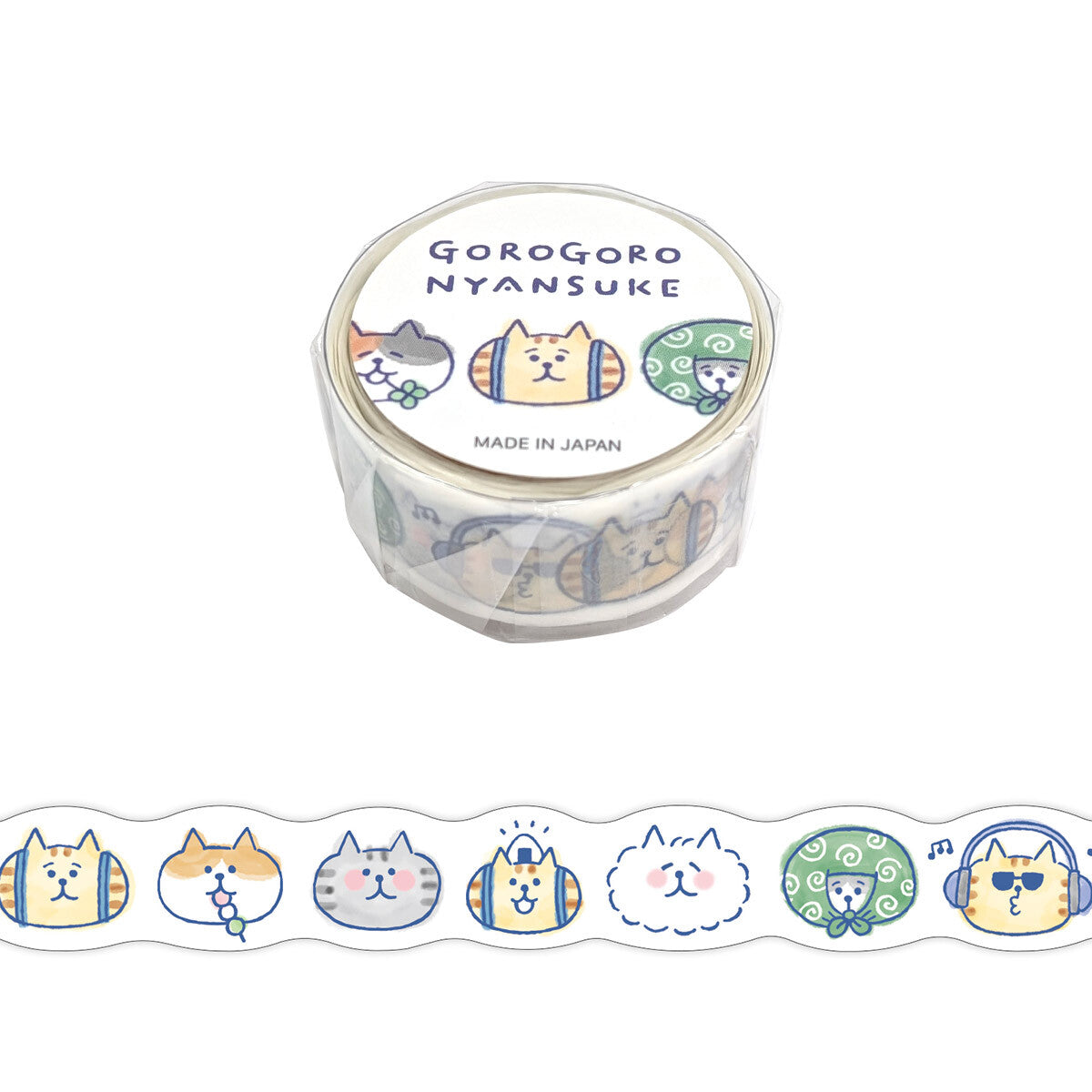 Washi tape with cartoon cat designs and 'Gorogoro Nyanjuke' branding on a white background.