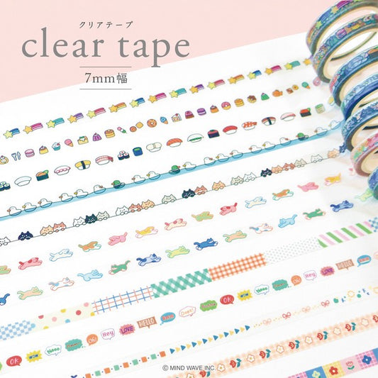 Set of colorful clear tapes with various designs on a white background