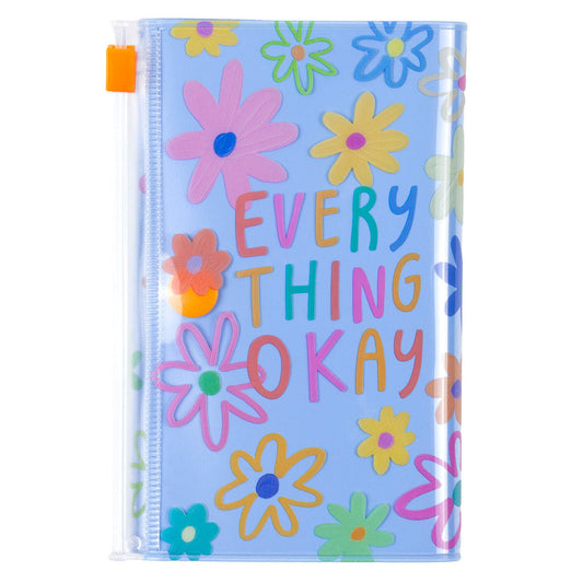 Notebook with colorful flowers and 'Everything Okay' text on a light blue background