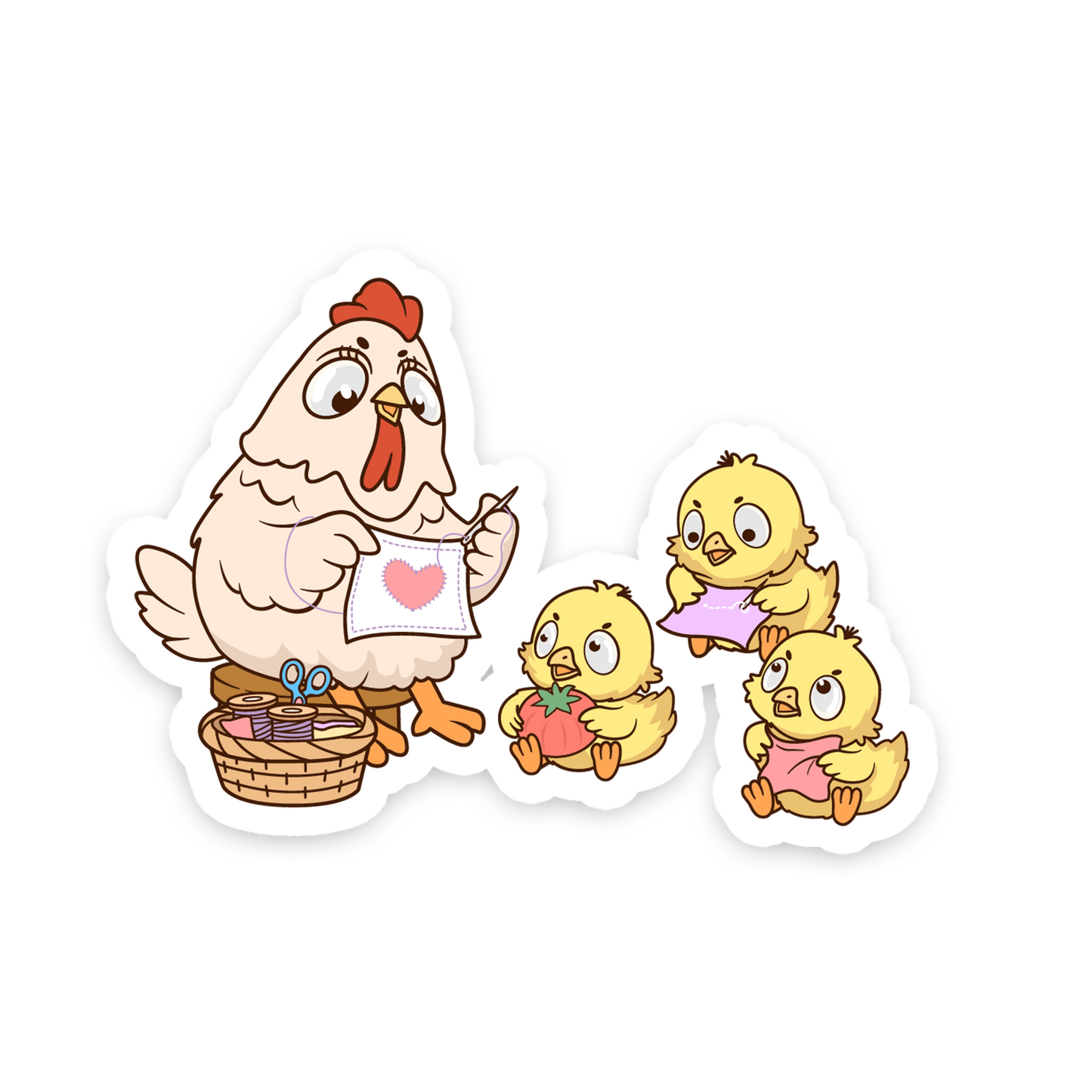 Cartoon chicken with three chicks on a white background