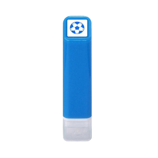 Blue and white stamp with a soccer ball icon on a white background