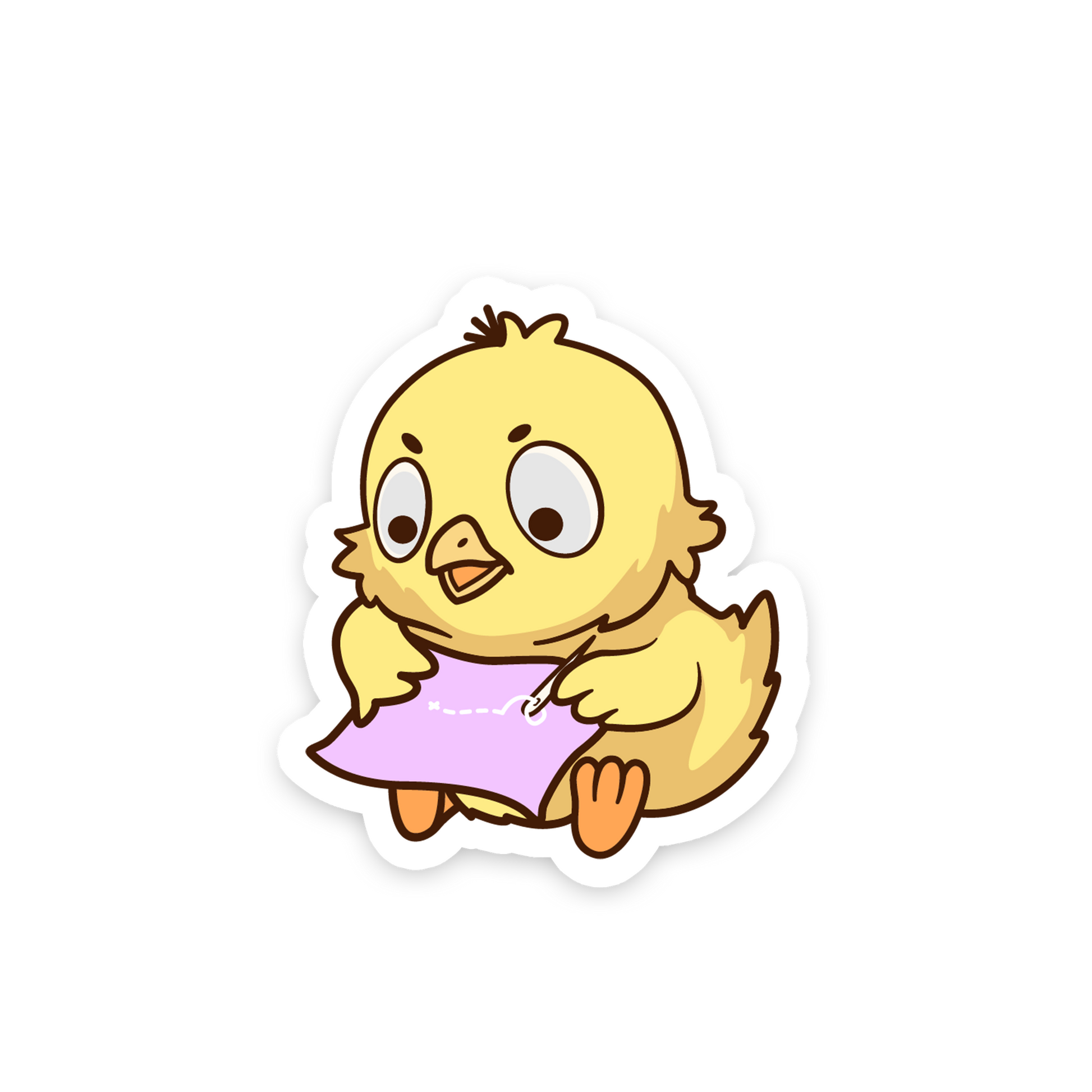 Cartoon chick holding a pink dress on a white background