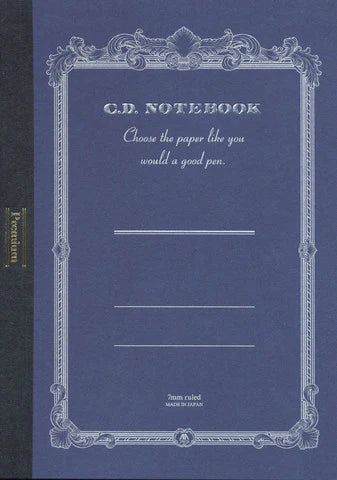 C.D. Notebook cover with decorative border and text on a blue background