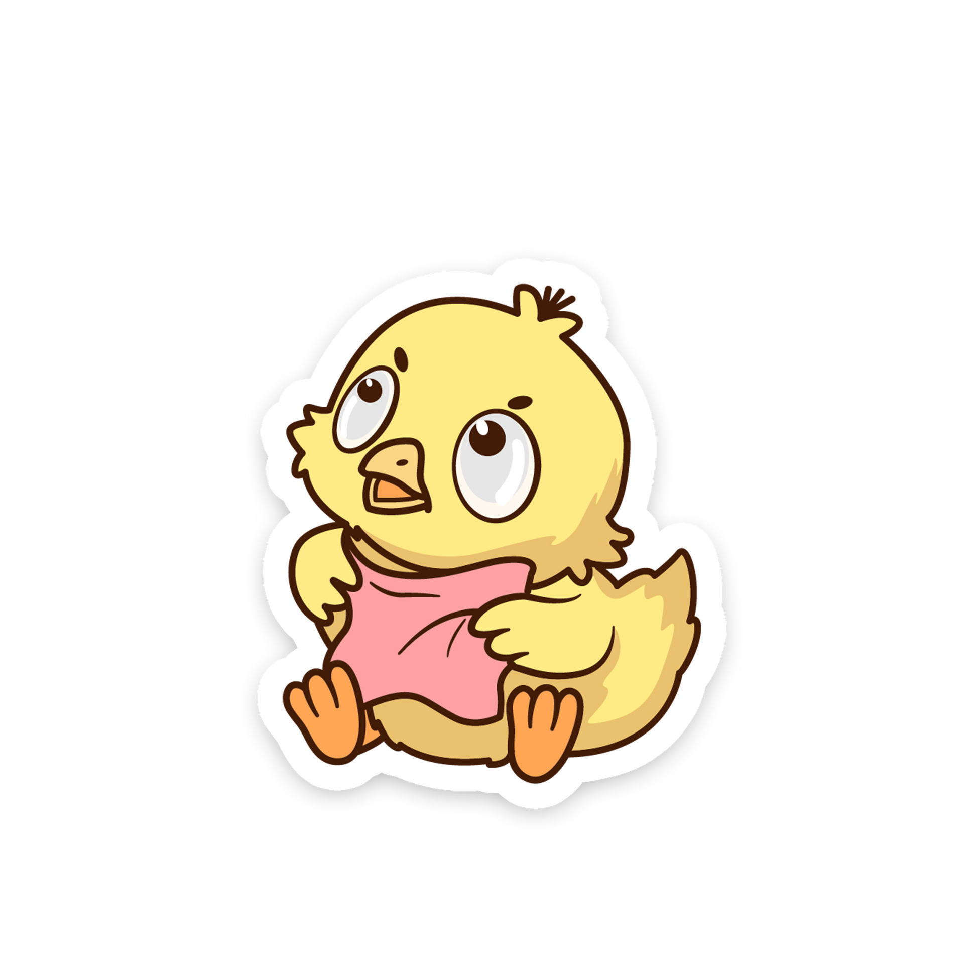 Cartoon chick in a pink dress on a white background