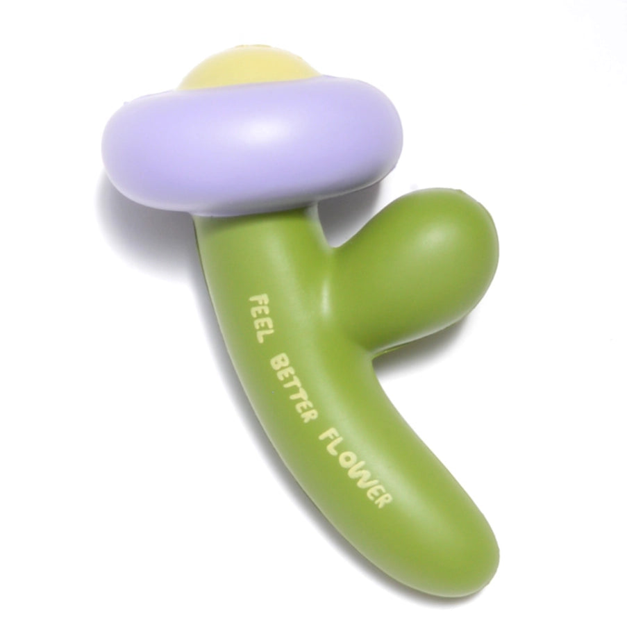 Green and purple handheld device with 'FEEL BETTER FLOWER' text on a white background