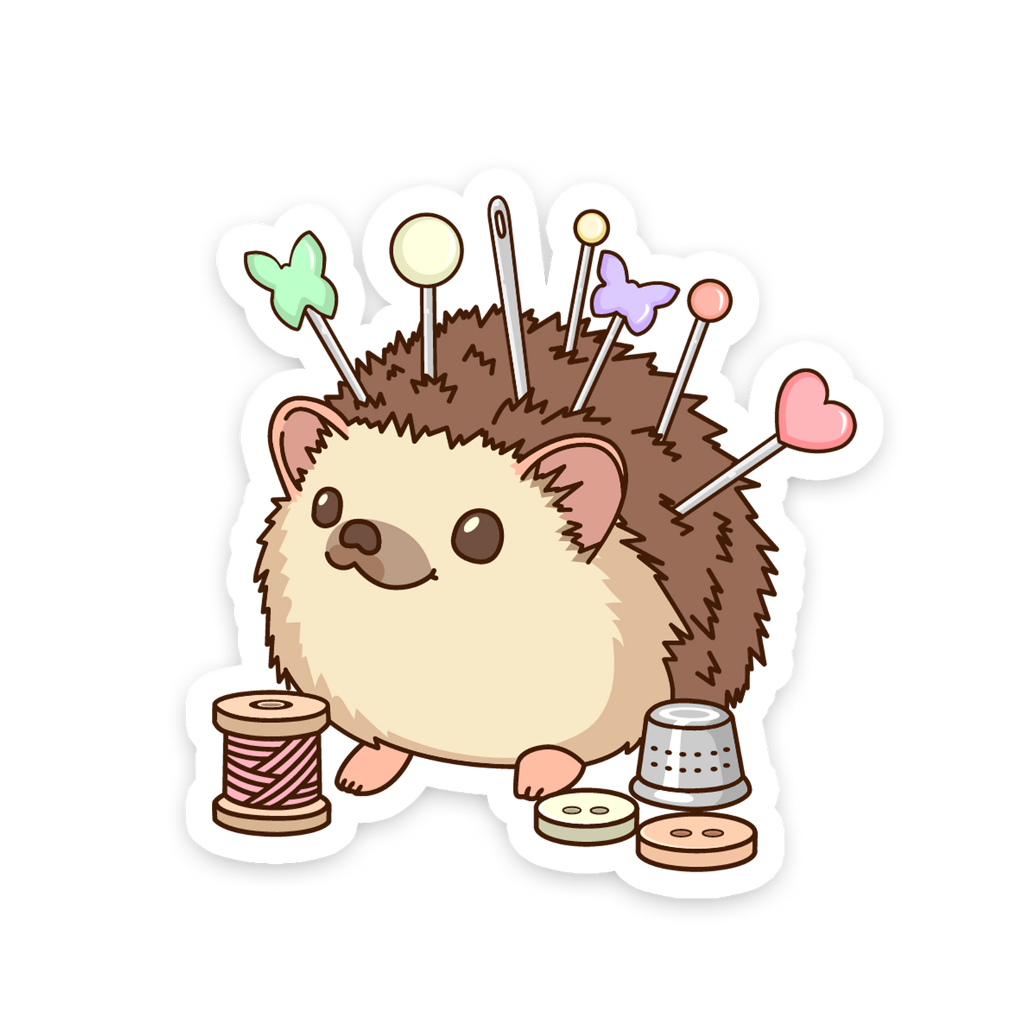 Cartoon hedgehog with sewing accessories on a white background
