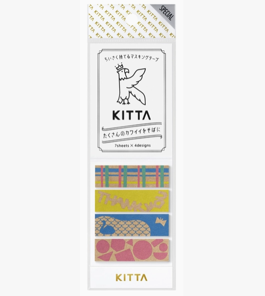 Kitta washi tape packaging with colorful designs on a white background