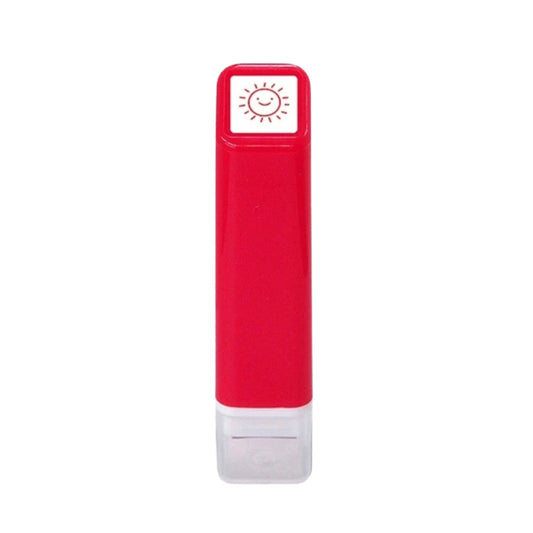 Red and white stamp with a sun icon on a white background