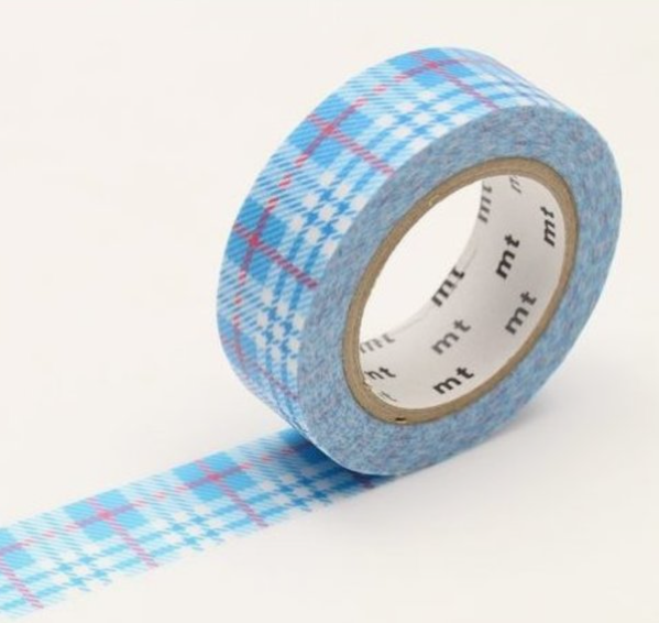 Blue plaid patterned tape with 'mt' branding on a white background