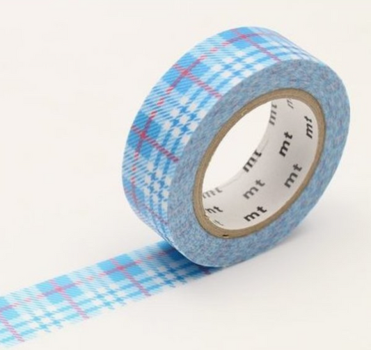 Blue plaid patterned tape with 'mt' branding on a white background