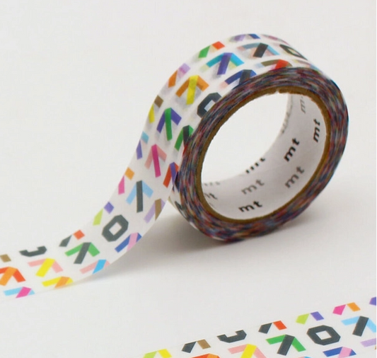 Roll of colorful washi tape with a pattern on a white background