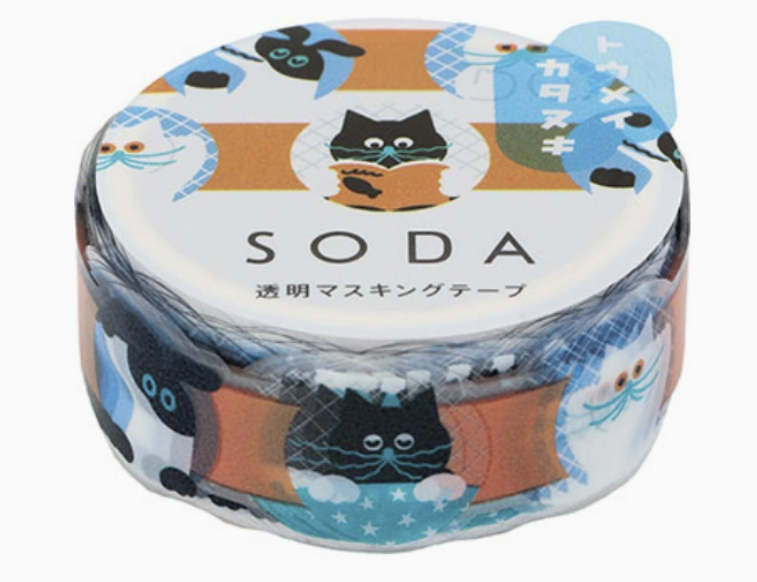 Roll of tape with cat illustrations and 'SODA' branding on a white background