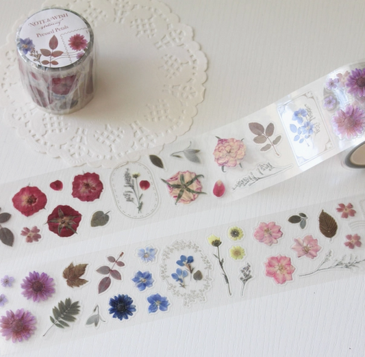Floral washi tape with a roll of tape on a white surface