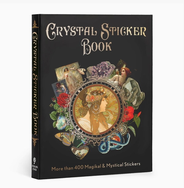 Crystal Sticker Book with decorative cover featuring a woman's face and nature elements on a black background.