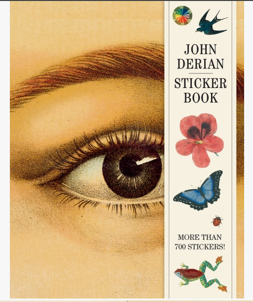 John Derian sticker book cover with eye illustration and stickers on the right