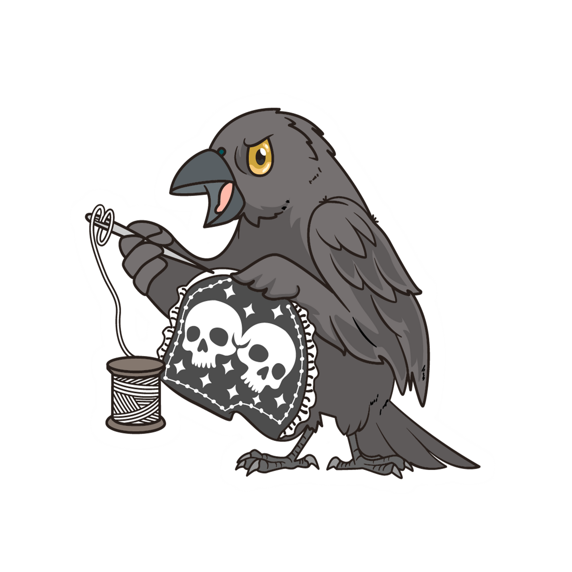 Cartoon crow with a skull-patterned cloth and spool of thread on a white background