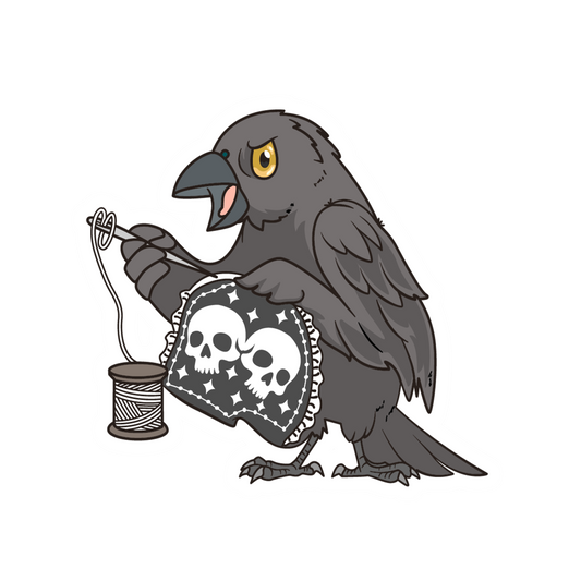 Cartoon crow with a skull-patterned cloth and spool of thread on a white background