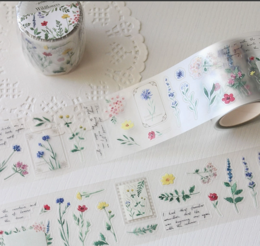 Decorative washi tape with floral designs on a white surface