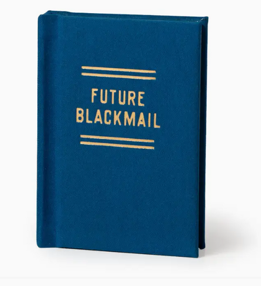 Blue notebook with 'Future Blackmail' text on a white background