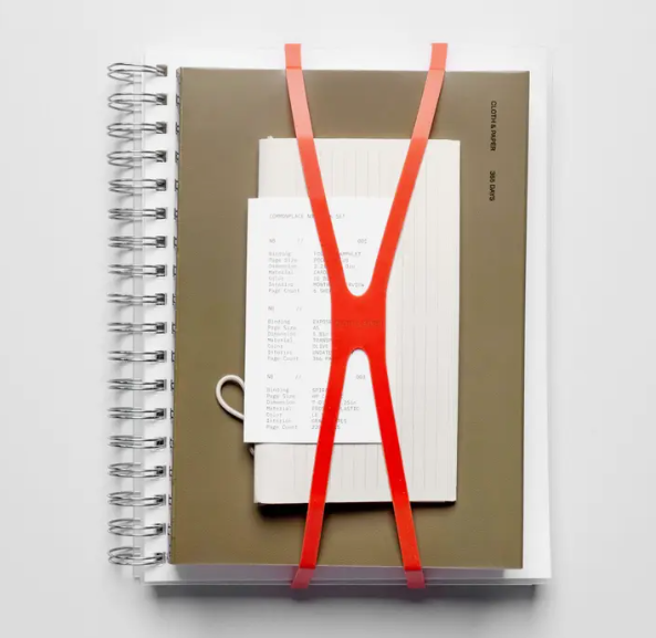 Notebook with a red elastic band on a white background