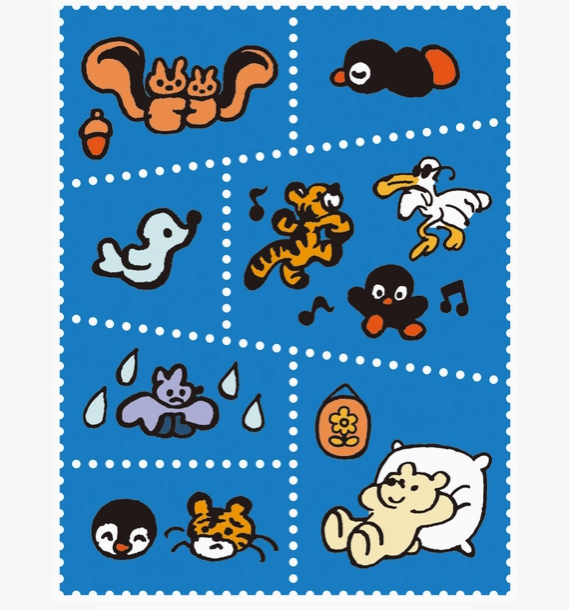 Children's educational mat with cartoon animals and shapes on a blue background