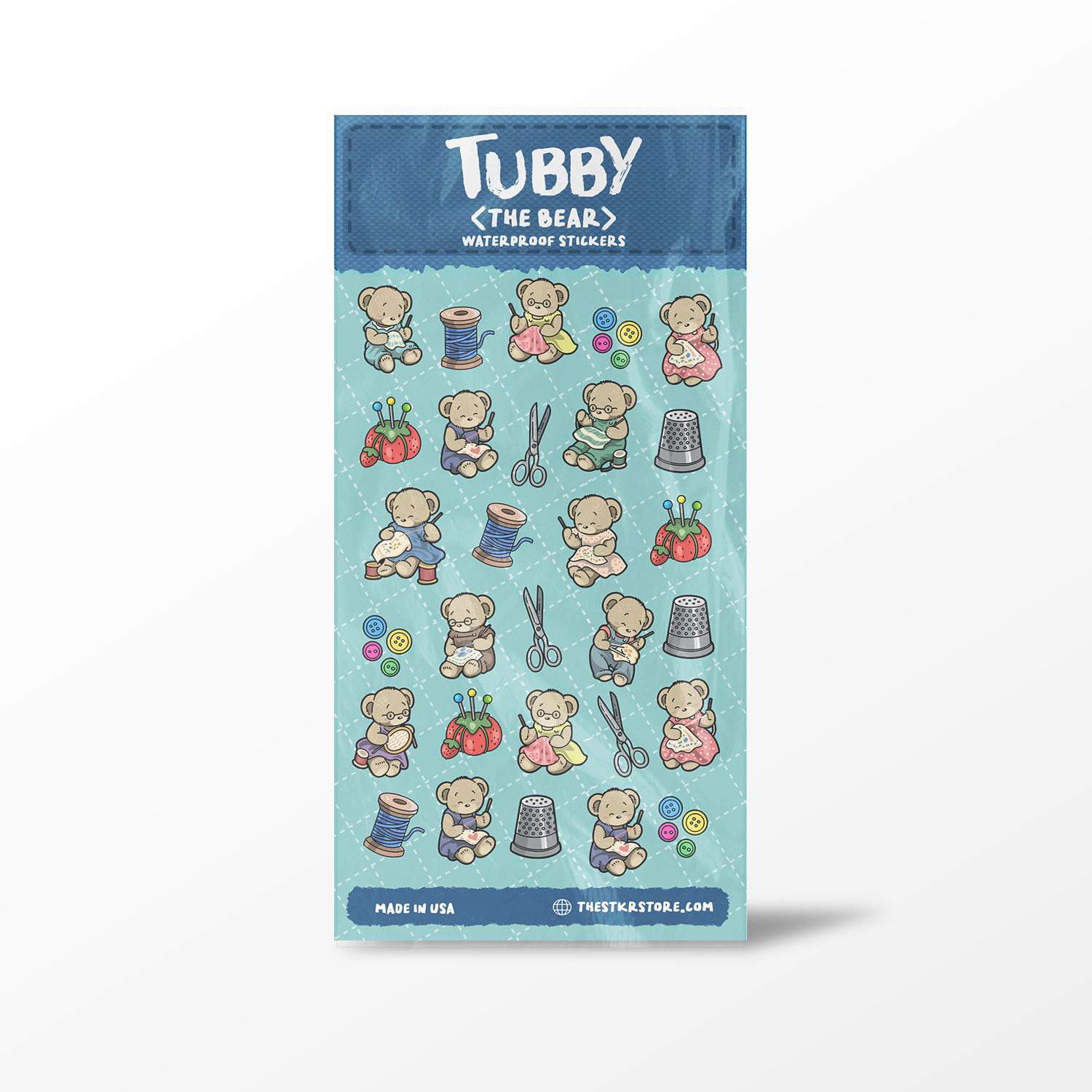 Sticker sheet with cartoon bears and sewing-related items on a blue background, branded 'Tubby the Bear'.