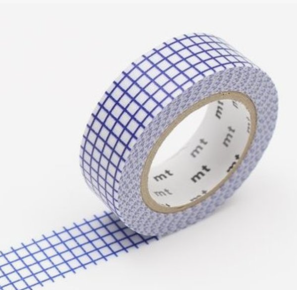 Roll of blue grid-patterned tape with 'mt' branding on a white background