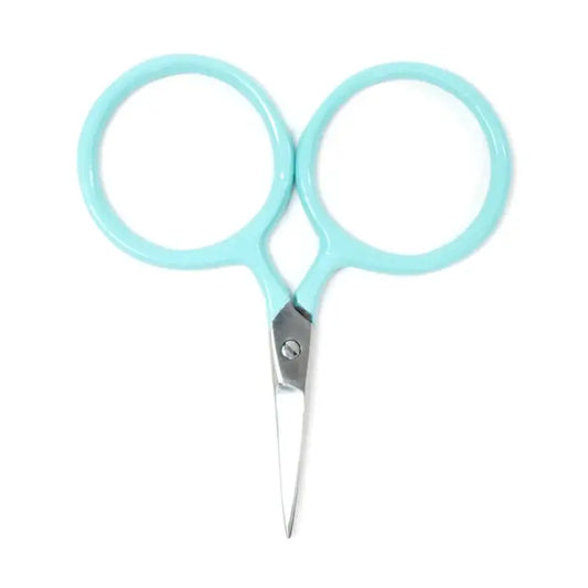 Pair of light blue-handled scissors on a white background