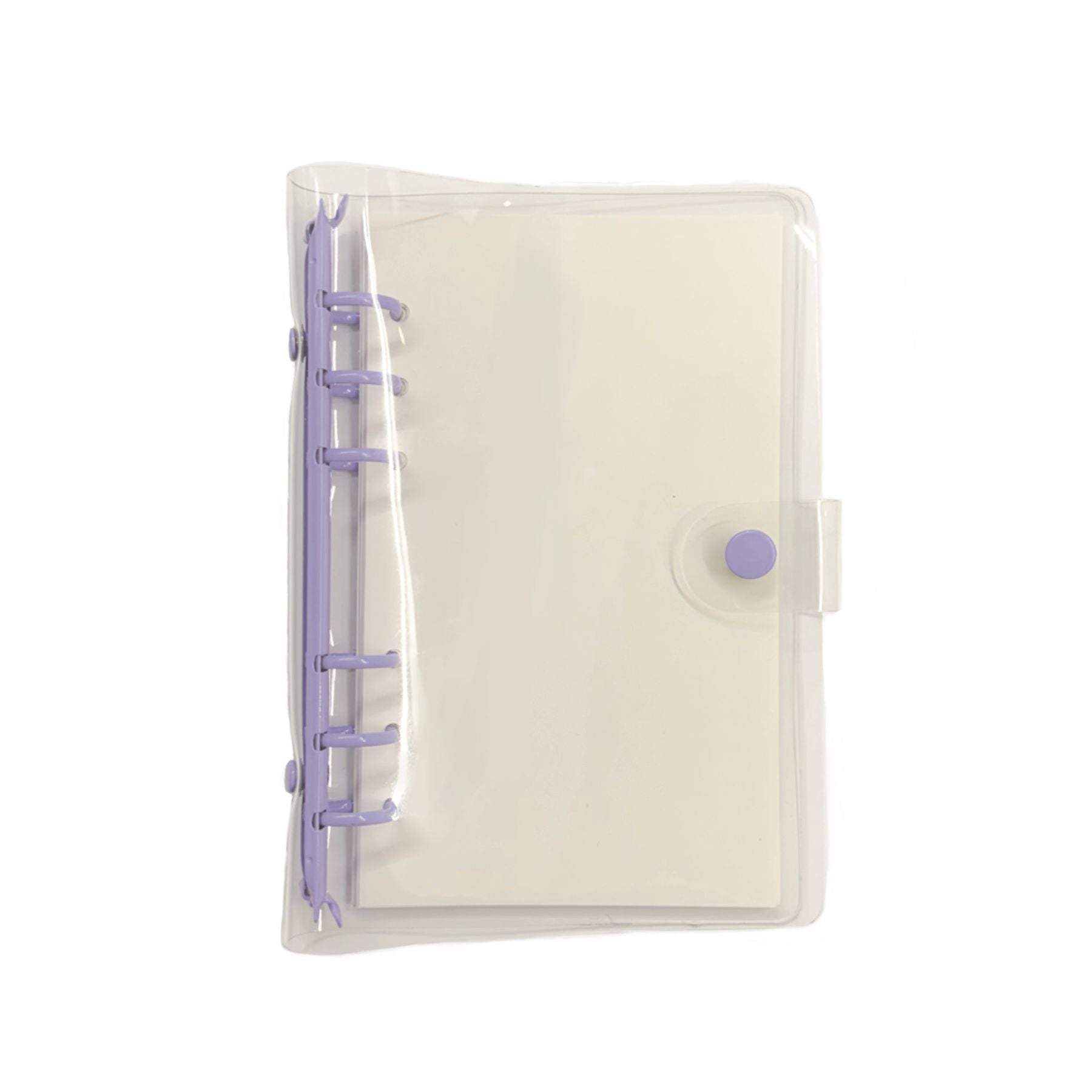 Clear plastic case with purple clips and a button on a white background
