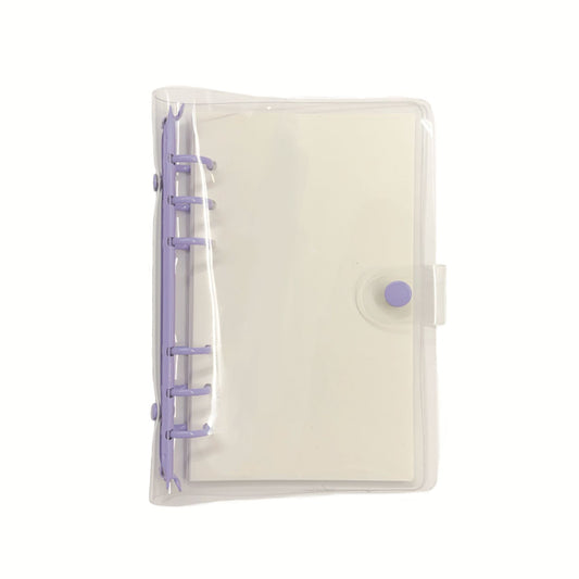Clear plastic case with purple clips and a button on a white background