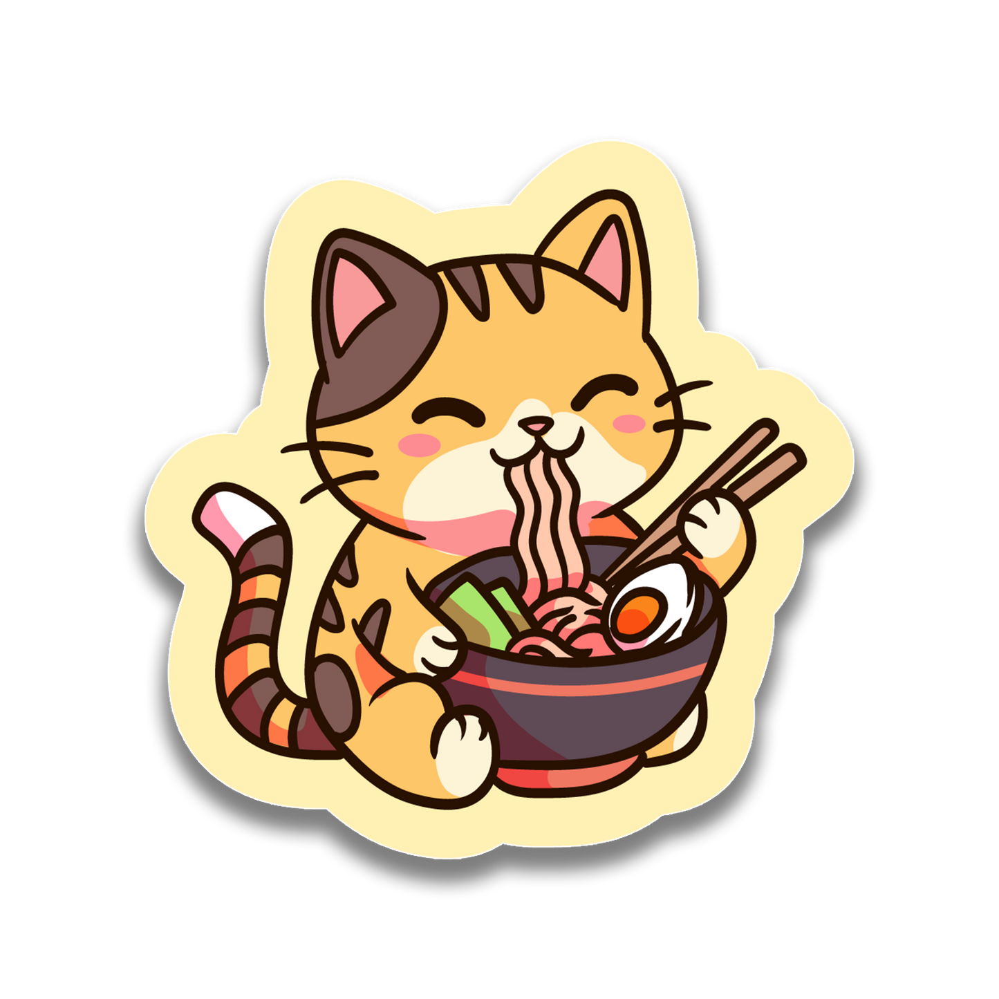 Cartoon cat eating ramen with chopsticks on a beige background