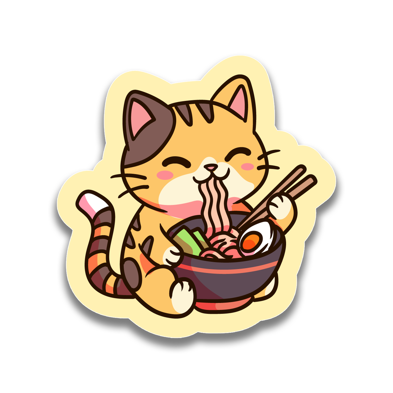 Cartoon cat eating ramen with chopsticks on a beige background