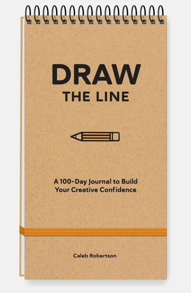 Notebook titled 'Draw the Line' by Caleb Robertson on a white background