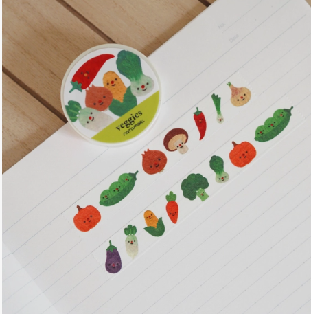 Set of cartoon vegetable stamps on a wooden surface